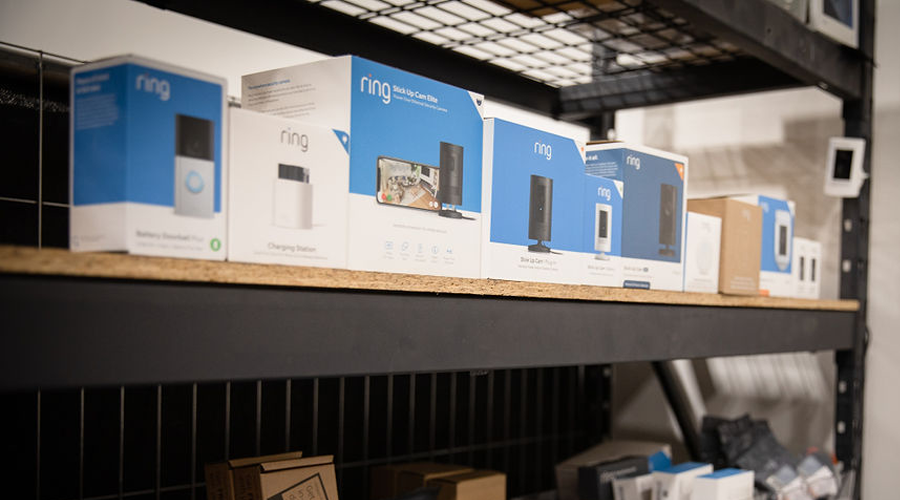 lineup of Ring products in warehouse